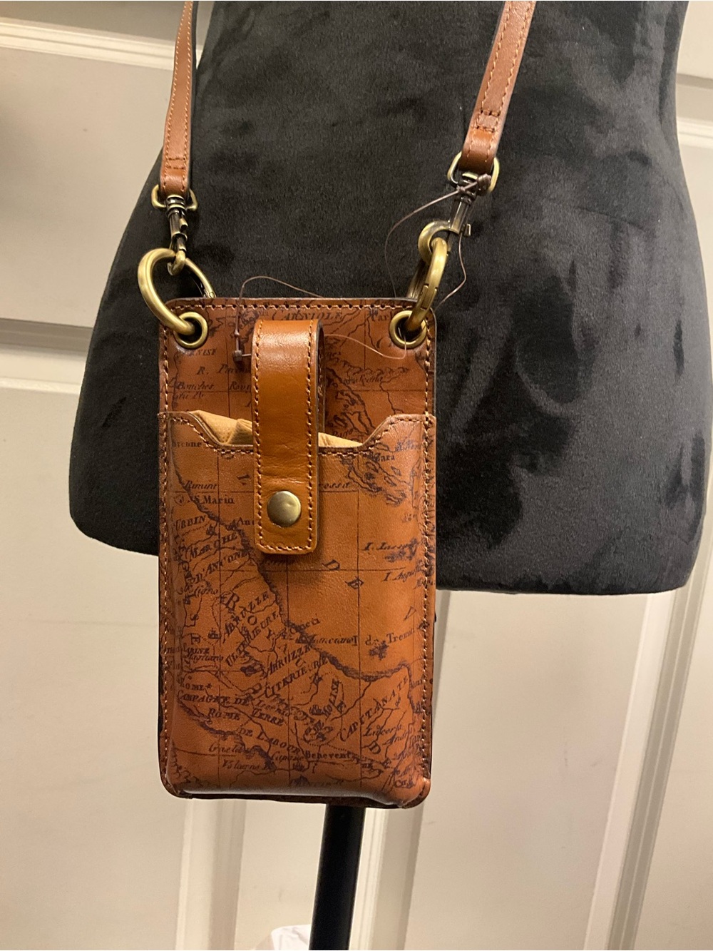 Patricia Nash Tan Leather Map-Print Crossbody Pouch